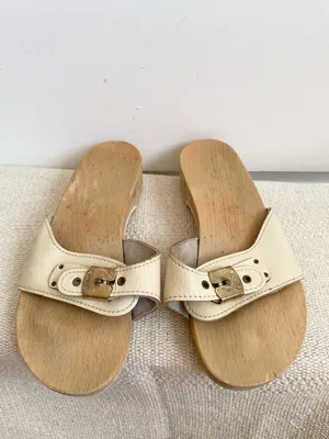 Vintage Dr Scholls Orig Clogs Women Size 6 Wooden Shoes Sandals Cream Austrian thumbnail 2