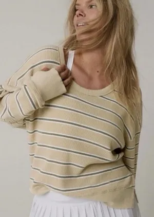 Offline By Aerie Yellow Green White Striped Waffle Knit Long Sleeve Scoop Neck thumbnail 1