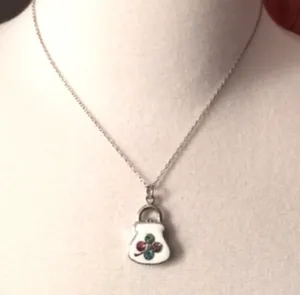 Vintage White Enamel Sterling Silver Rhodium Plated Crystal Purse Necklace thumbnail 1