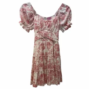 Francesca’s Mi Ami Toile Floral Puff Sleeve Tiered Mini Dress Pink + White XS thumbnail 4