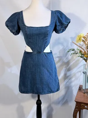 💥NWT Show Me Your Mumu City Cut Out Denim Mini Dress Deep End Size Small🧡 thumbnail 10