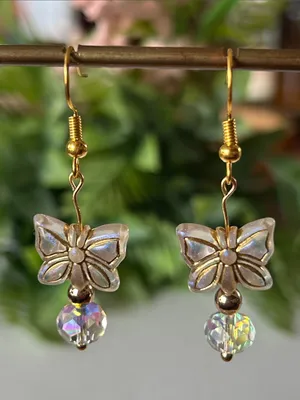 Gold Butterfly Drop Earrings with Iridescent Crystal Dangles thumbnail 1