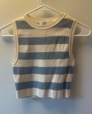 Zara Blue and Cream Striped Sleeveless Knit Top thumbnail 1