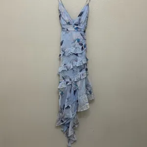 NEW Lulus Saveria Light Blue Floral Ruffle Asymmetrical Maxi Dress XS Party thumbnail 6
