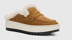 Aquatalia Amata Shearling Platform Loafer Mules in Camel Cozycore Minimalist thumbnail 1