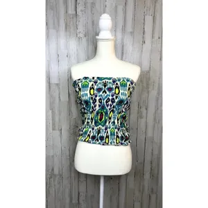 Anthropologie Women's Smocked Tube Top XS Blue/Green Ikat Print Strapless‎ Tank thumbnail 2