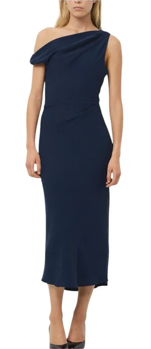 Aritzia TEN Klea One Shoulder Cowlneck Navy Matte Satin Midi Dress MEDIUM thumbnail 1