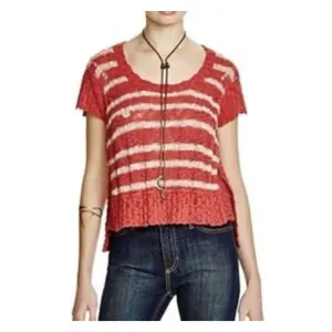 Free People Sweater Womens S Orange White Striped Crop Boxy Cap Sleeve‎ Beachy thumbnail 9