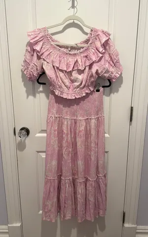 Love Shack Fancy pink floral set, Audrille crop top size M and Brenner tiered maxi skirt size M thumbnail 1