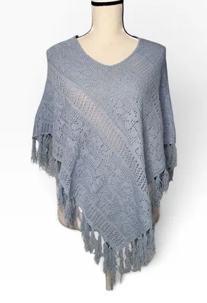 Bette Sung Crochet Knit Poncho Size OS Light Blue Geometric Fringe thumbnail 1