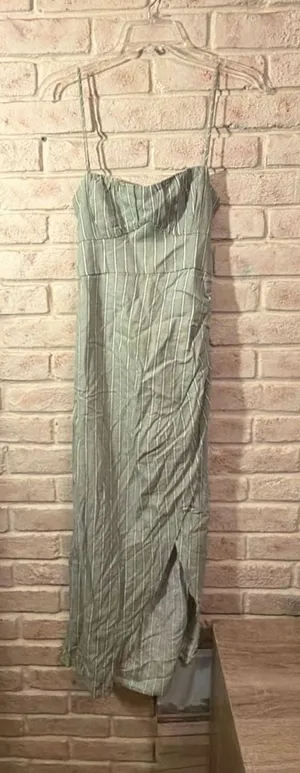Zara Midi Dress Size XS Sage Green White Striped Slit Backless thumbnail 1