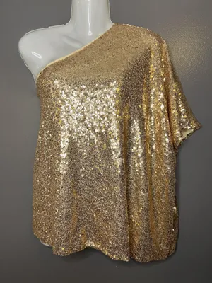 L Love Blouse Womens Medium Gold Sequin One Shoulder Asymmetrical Party Top thumbnail 2
