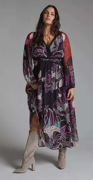 Anthropologie Let Me Be Floral Midi Dress XL Black Floral V-Neck Long Sleeve thumbnail 1
