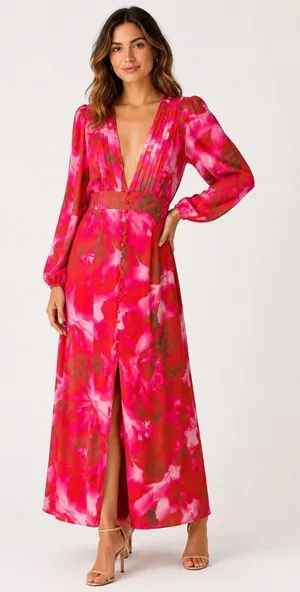 F&P Pink Floral‎ Midi Dress Women's Large NWT Long Sleeve V-Neck thumbnail 1