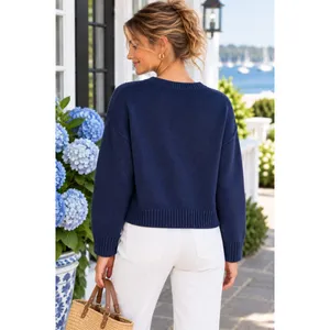 CAROLINE CONSTAS Navy Blue Cotton Cropped Cardigan Sweater Quiet Luxury Medium thumbnail 6