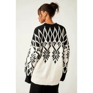 Free People Fireside Patterned Tunic Small Black White Oversized Sweater‎ Hearts thumbnail 3
