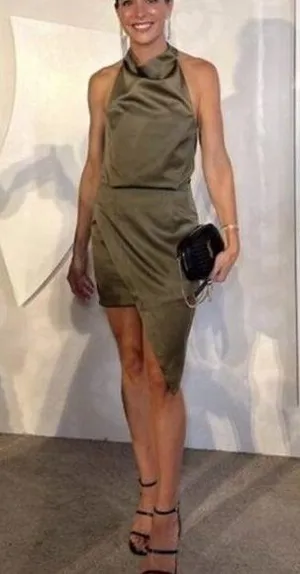 ELLIATT Camo Asymmetric Satin Cocktail Dress in Khaki Size Large thumbnail 1