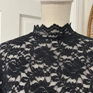 Black Lace High Neck Blouse L Sheer Floral Dark Academia Romantic Victorian Goth thumbnail 5