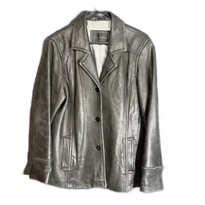 Gallery Womens Size Large Black Genuine Leather Jacket Button Front Blazer thumbnail 2