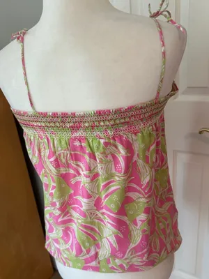 Lilly Pulitzer PINK GREEN FISH PRINT CAPRICE SMOCKED TIE TOP thumbnail 3