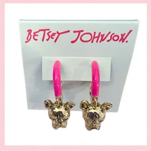 🐶BETSEY JOHNSON Frenchie Enamel Hoop Earrings / Gold Tone Hot Pink thumbnail 4