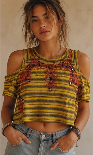 Free People New Romantics Yellow Embroidered Cold Shoulder Crop Top XS thumbnail 1