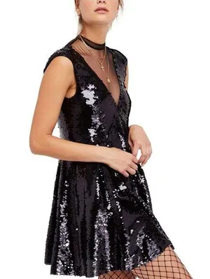NWT Free People Dance Til Dawn Illusion Black Sequin Mini Dress thumbnail 1