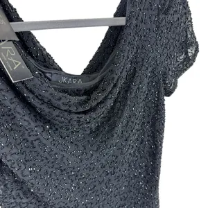 Jkara NWT Black‎ Beaded Drape Neck Cap Short Sleeve Lined Blouse Size S Black thumbnail 3