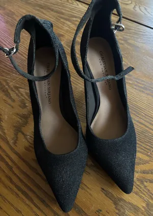 Christian Siriano Black Glitter Pointed Ankle-Strap Heels thumbnail 1