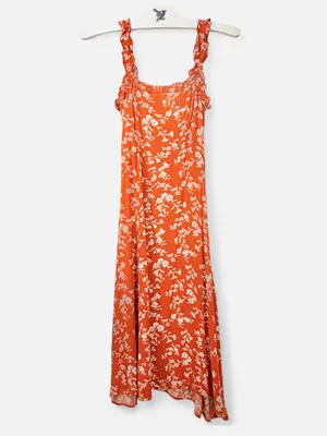 LULUS Women’s Garden Date Red Orange Floral Print Ruffle Midi Dress size XXS thumbnail 15
