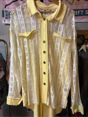 POL MEDIUM ✨ lace long sleeve button down yellow + white thumbnail 1