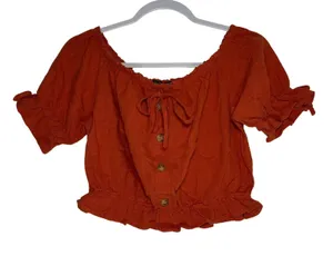 Cotton On Womens Burnt Orange Cotton Gauze Off Shoulder‎ Crop Top Boho Medium thumbnail 1
