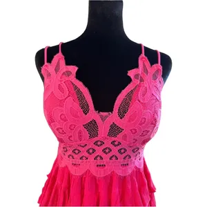 Zenana Hot Pink Lace Ruffle Peplum Cami Top Smocked Back Large Festival Rave Clubwear L thumbnail 3