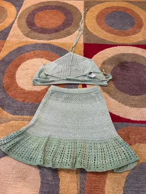 SHEIN Green Two Piece Crochet Sweater Matching Coverup Set Skirt Halter Top S thumbnail 3