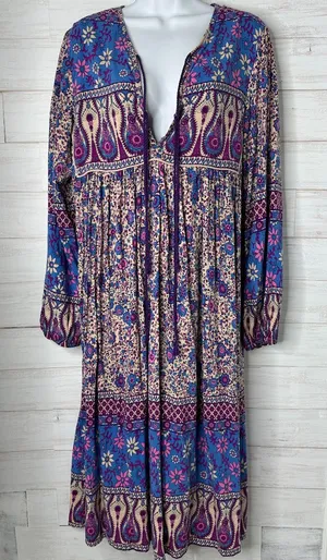 Womens Long Sleeve Floral Print Retro V Neck Tassel Midi Dress Size Medium 8/10 thumbnail 1