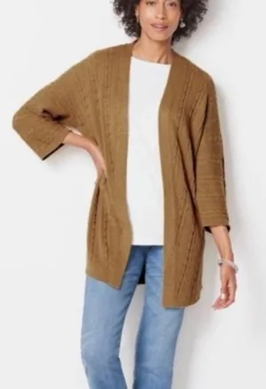 J. Jill Cable-Knit Open-Front Cardigan½ Sleeves Sweater Cotton Blend Mustard L thumbnail 1
