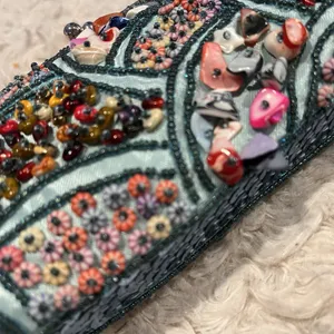 Hand Beaded Shell Clutch Purse Teal Blue Kiss Lock Evening Bag w/ Chain thumbnail 7