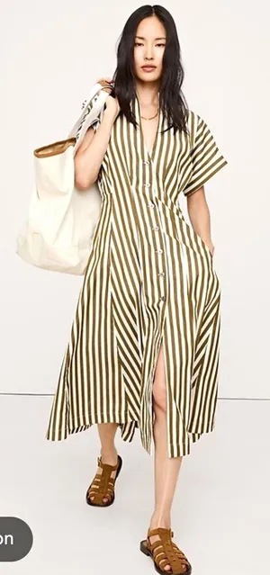 Banana Republic $180 Striped Poplin Shirt Dress V-Neck Pockets Olive/White 4 thumbnail 1