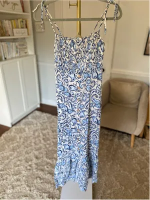 Zara Paisley Linen Smocked Boho Maxi Dress XS Coastal Nautical Breezy Italy Chic thumbnail 2