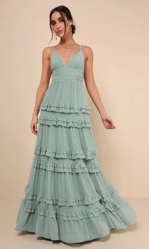 NWT Lulus Lavish Perfection Sage Green Ruffled Tiered Maxi Dress Party Gala XS thumbnail 1