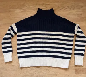 Emerson Fry CAROLYN FUNNEL NECK SWEATER - NAVY COLORBLOCK STRIPE ORGANIC sz S thumbnail 1