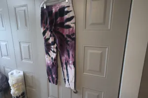 PINK Victoria's Secret tie dye sweatpant joggers outline pink on left leg in purple, black and pink size XS. thumbnail 7