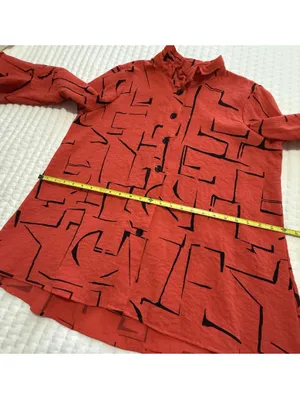 Ali Miles Coral Red Button Up Tunic Shirt Top Sz L Large Wire Collar Lagenlook thumbnail 5