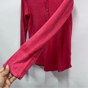 Aerie Henley thermal women’s M red waffle knit distressed neckline long sleeve thumbnail 11