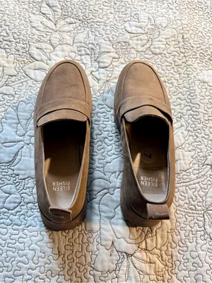 💥 Eileen Fisher Max Nubuck Leather Wedge Platform Loafers Taupe Sz 7 🧡 thumbnail 3