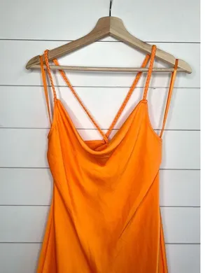 Karl Lagerfeld Paris Orange Spaghetti Straps Ruffled Bottom Cowl Slip Dress 12 thumbnail 4