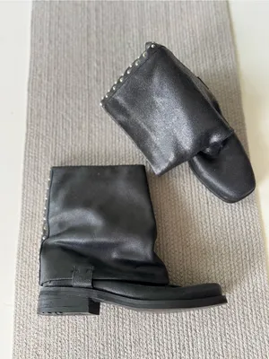 ENVY Fun Police Black Leather Foldover Mid Calf Moto Biker Boots Silver Studs thumbnail 1