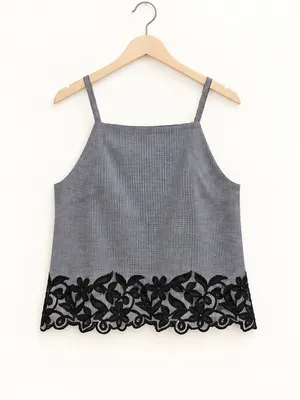 J.Crew Black & White Micro Gingham Floral Embroidered 100% Cotton Poplin Top 00 thumbnail 6