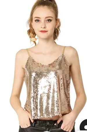 Allegra K Women's Sequined S Party Sparkle Cami Top Rose Gold XS thumbnail 1