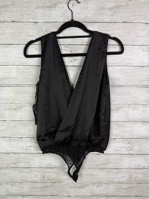 Lulus Prize Winning Black Satin Faux Wrap Bodysuit Size Small thumbnail 5